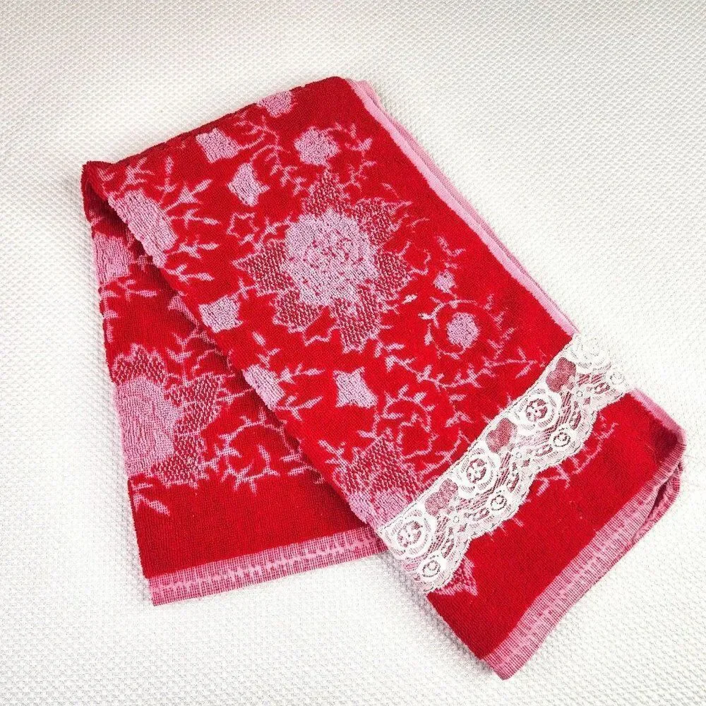 Vintage 60s 70s Mid Century Red Pink Sculpted Floral Pattern Hand Towel Lace